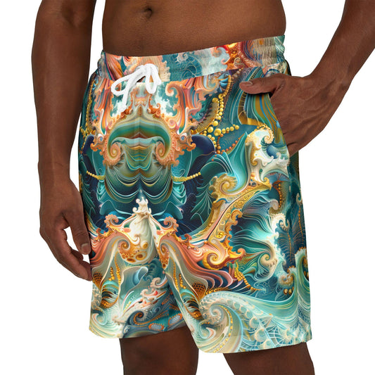 Fractal Teal Swim Shorts, Colorful Design Summer Beachwear, Vibrant Unisex Board Shorts, Men Women Swim Trunks, Pool Party Swimwear