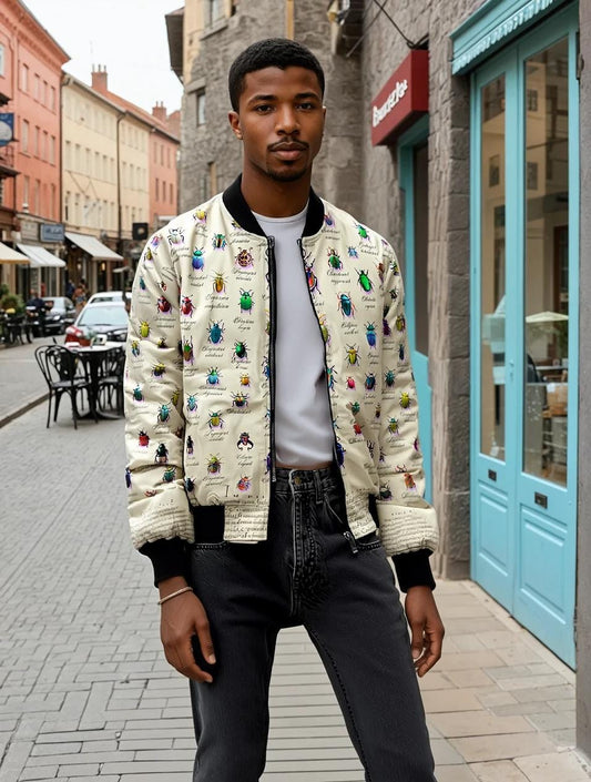 Colorful Beetle Botanical Print Mens Bomber Jacket, Unique Outdoor Wear, Trendy Statement Piece, Perfect for Gift, Stylish Layering