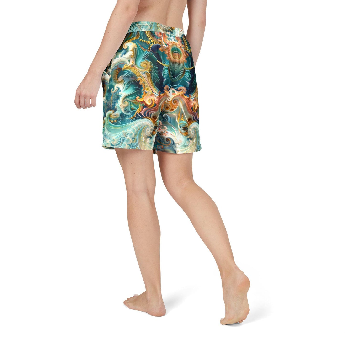 Fractal Teal Swim Shorts, Colorful Design Summer Beachwear, Vibrant Unisex Board Shorts, Men Women Swim Trunks, Pool Party Swimwear