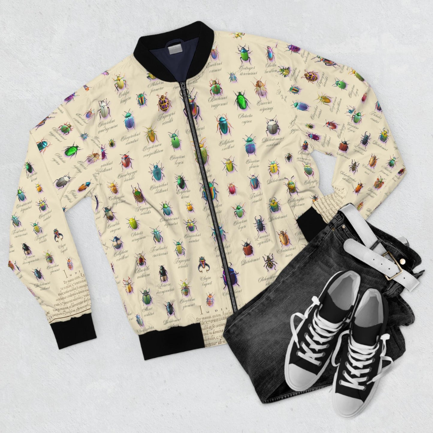 Colorful Beetle Botanical Print Mens Bomber Jacket, Unique Outdoor Wear, Trendy Statement Piece, Perfect for Gift, Stylish Layering