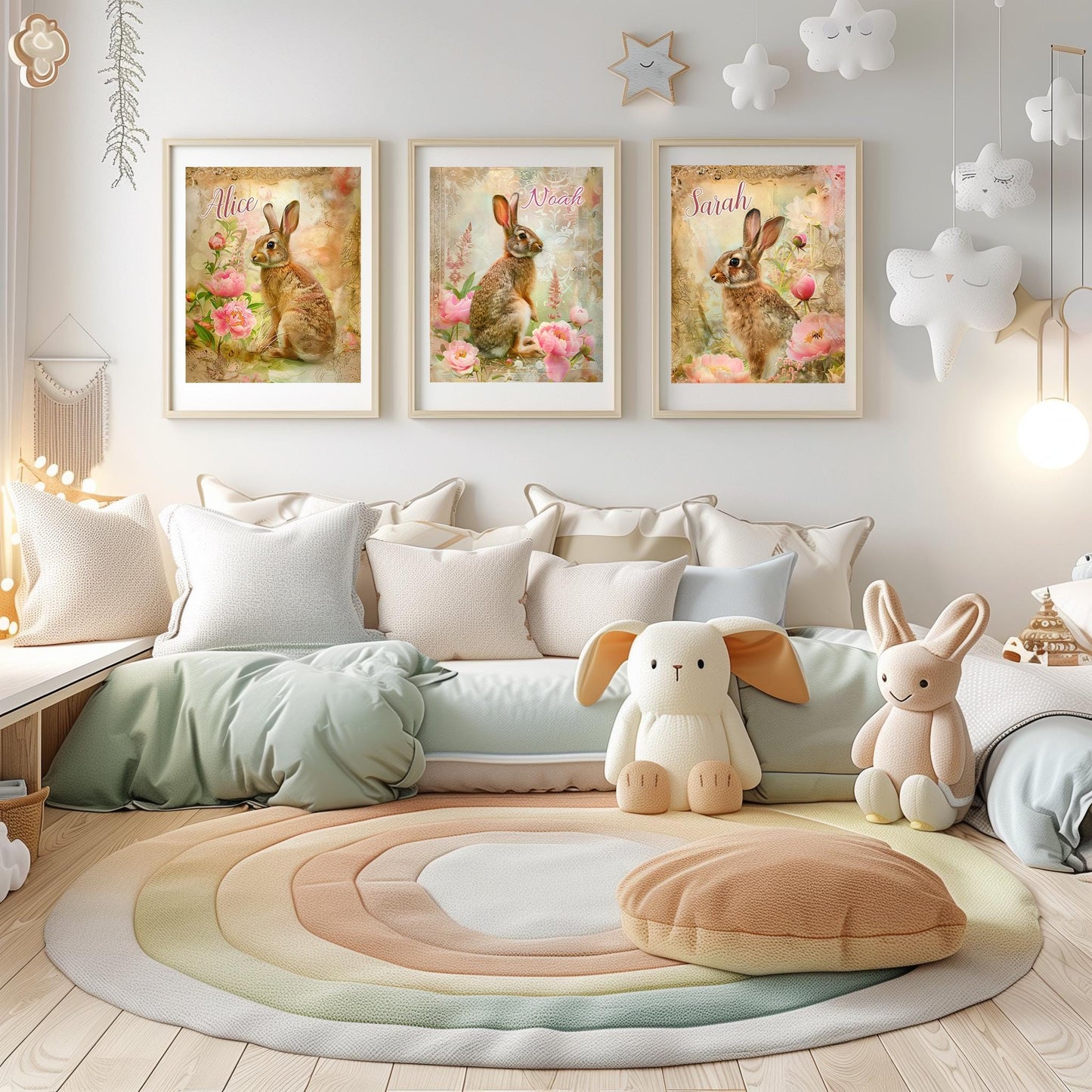 Personalized Bunny Portrait Set – Printable Nursery Wall Art (Set of 3) Custom Kids Room Decor | Digital Download