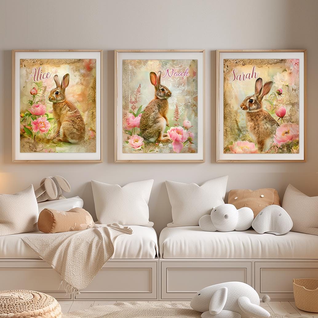 Personalized Bunny Portrait Set – Printable Nursery Wall Art (Set of 3) Custom Kids Room Decor | Digital Download