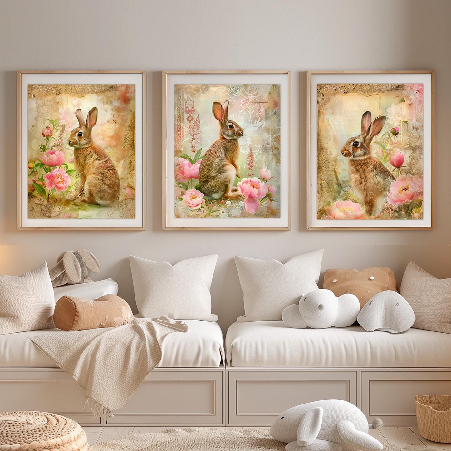 Vintage Floral Bunny Portraits | Baby Room Prints | Kids Room Digital Art – No Personalization