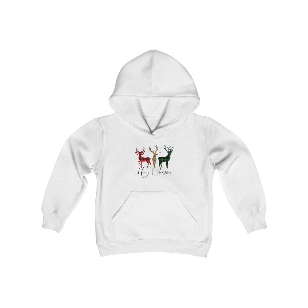 Merry Christmas Plaid Reindeer Youth Heavy Blend Hooded Sweatshirt