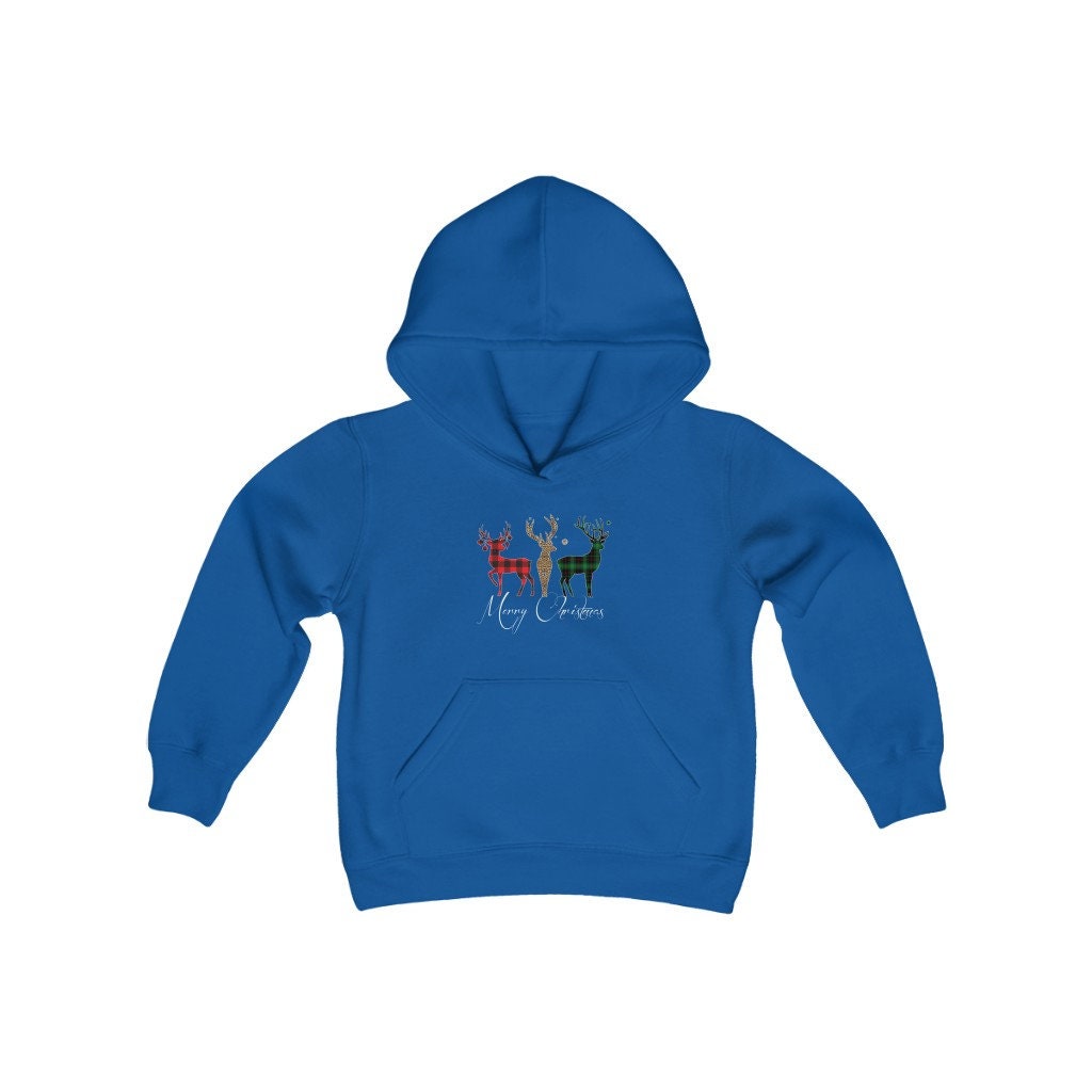 Merry Christmas Plaid Reindeer Youth Heavy Blend Hooded Sweatshirt