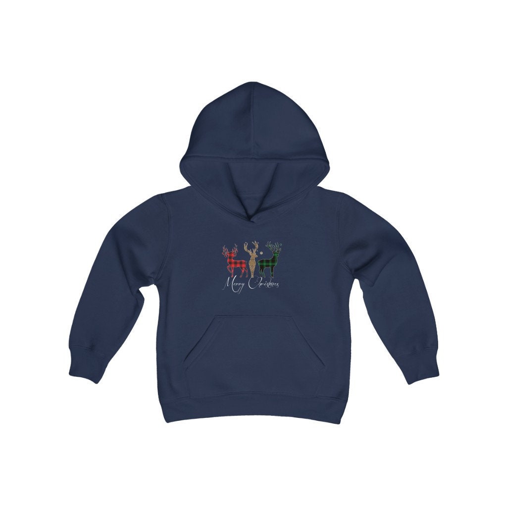 Merry Christmas Plaid Reindeer Youth Heavy Blend Hooded Sweatshirt