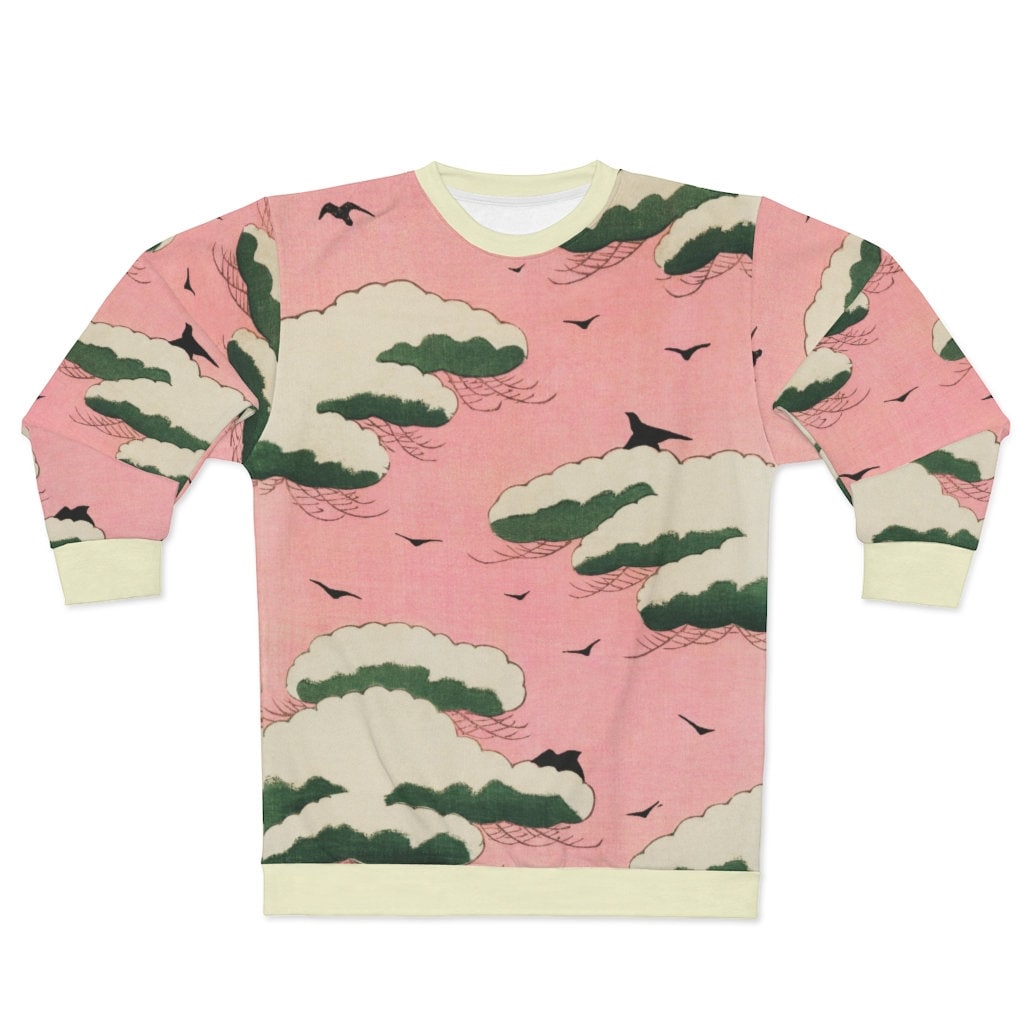 Pink Sky Woodcut Japanese Bird Print AOP Unisex Sweatshirt
