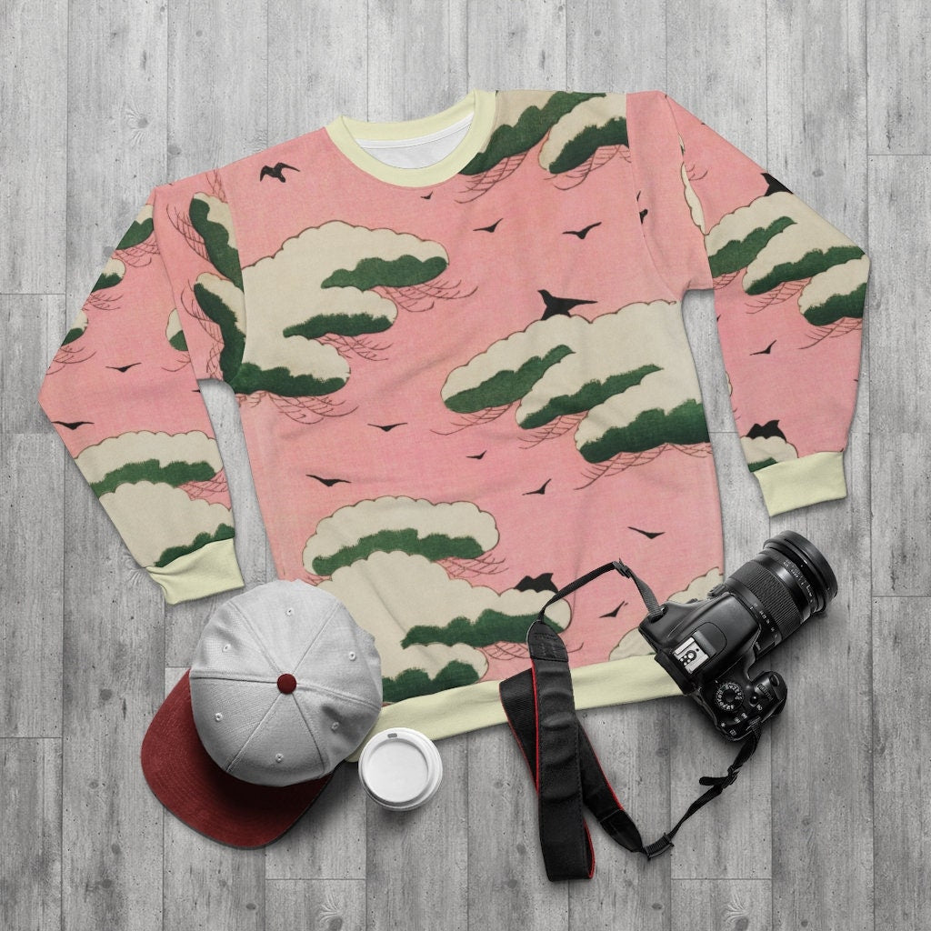 Pink Sky Woodcut Japanese Bird Print AOP Unisex Sweatshirt