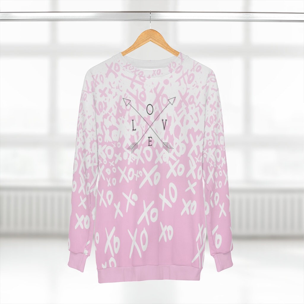 Pink Sweatshirt, Love Signs, XOXO, AOP Unisex Sweatshirt