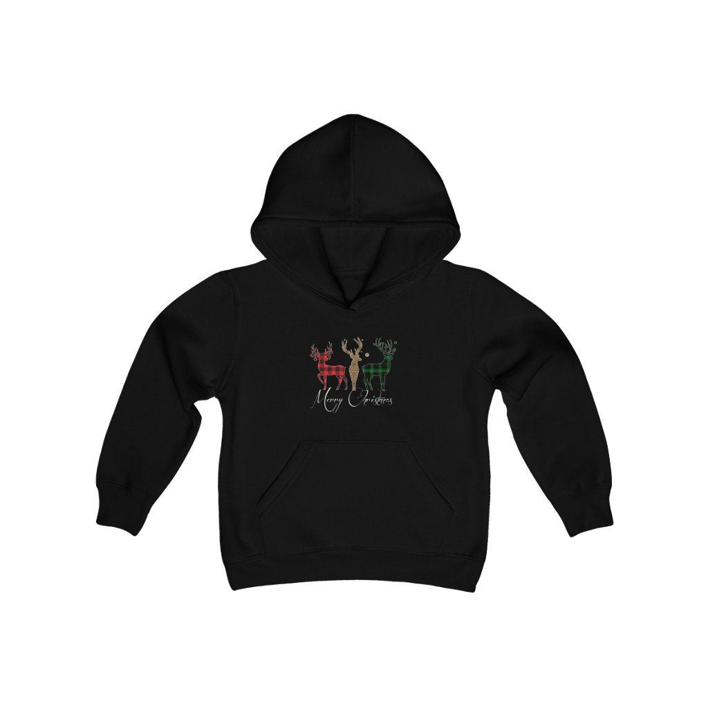 Merry Christmas Plaid Reindeer Youth Heavy Blend Hooded Sweatshirt