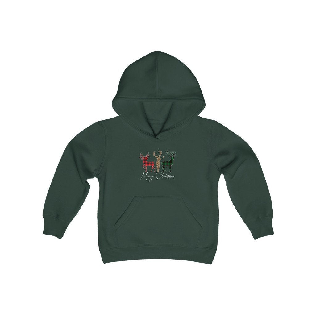 Merry Christmas Plaid Reindeer Youth Heavy Blend Hooded Sweatshirt