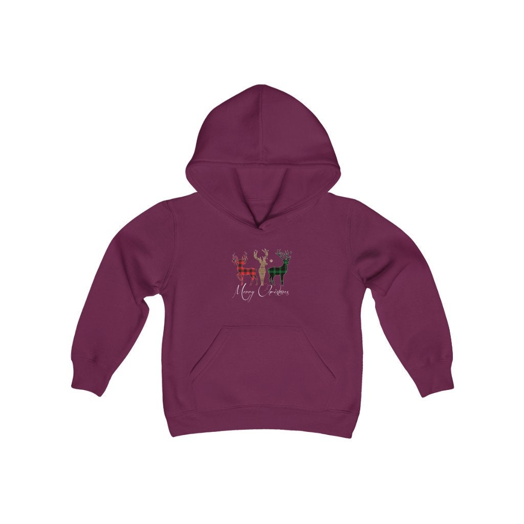 Merry Christmas Plaid Reindeer Youth Heavy Blend Hooded Sweatshirt