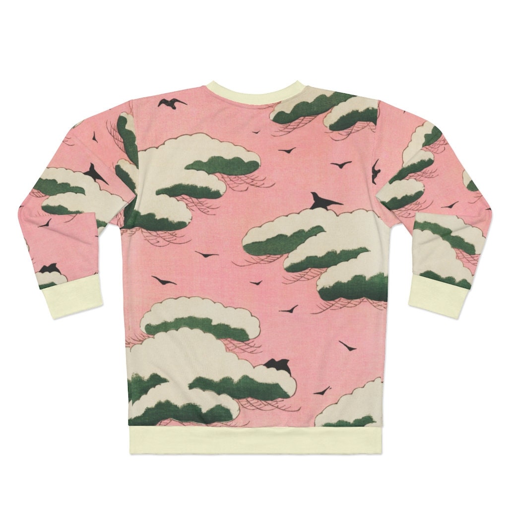 Pink Sky Woodcut Japanese Bird Print AOP Unisex Sweatshirt