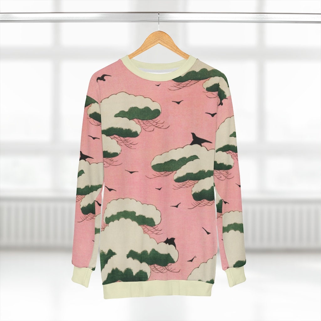 Pink Sky Woodcut Japanese Bird Print AOP Unisex Sweatshirt