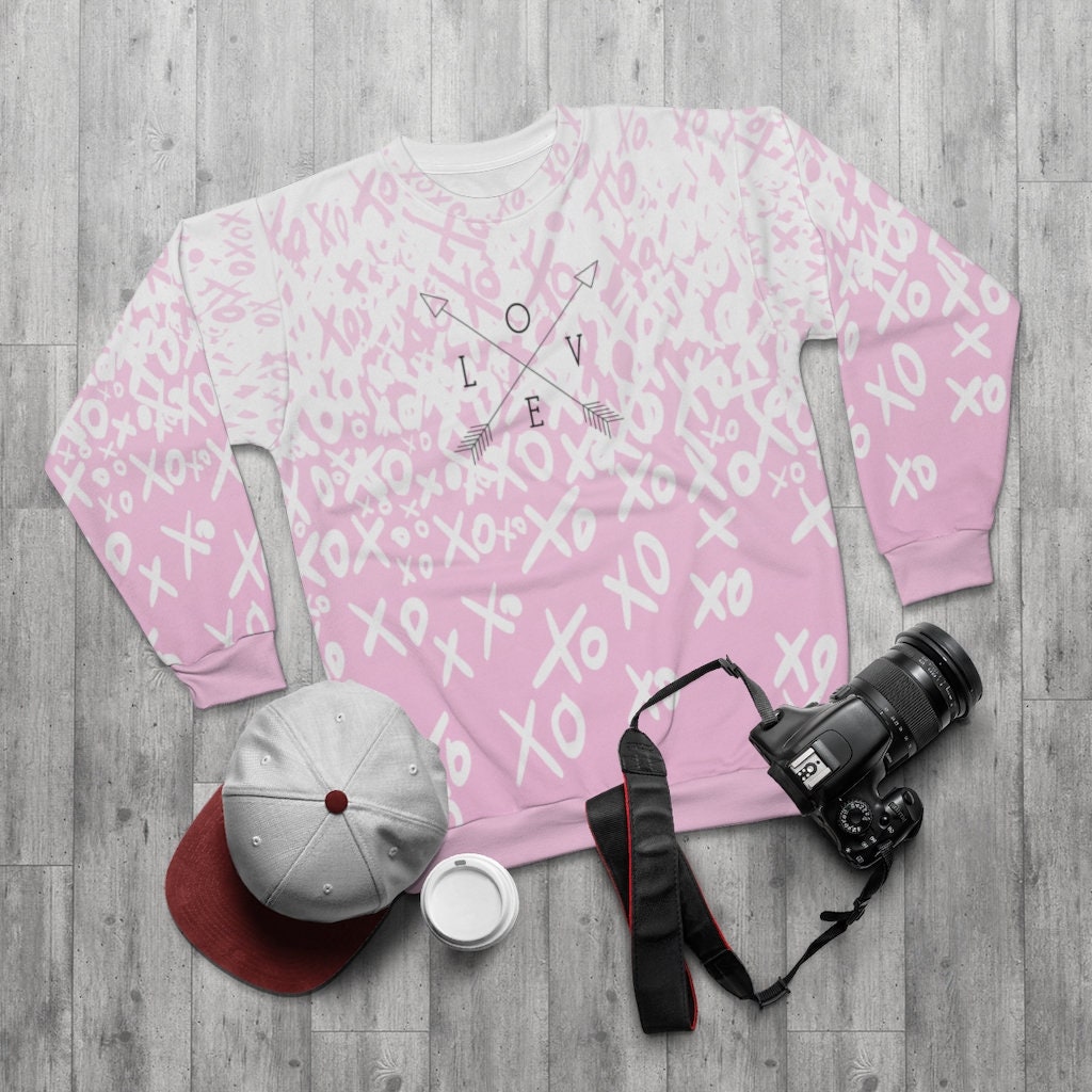Pink Sweatshirt, Love Signs, XOXO, AOP Unisex Sweatshirt