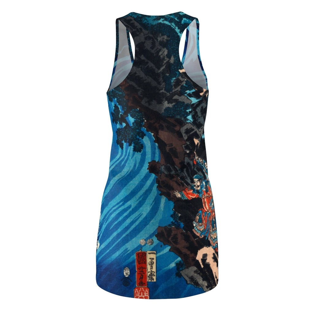Cottagecore Dress, Boho Sundress, Japanese Woodcut, Blue, Women's Racerback Dress