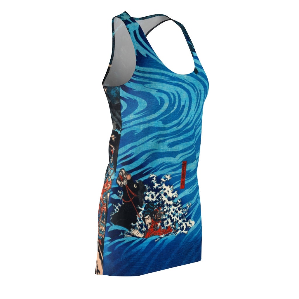 Cottagecore Dress, Boho Sundress, Japanese Woodcut, Blue, Women's Racerback Dress