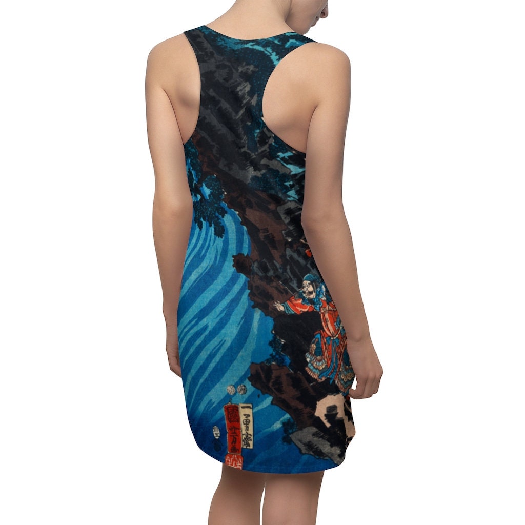 Cottagecore Dress, Boho Sundress, Japanese Woodcut, Blue, Women's Racerback Dress