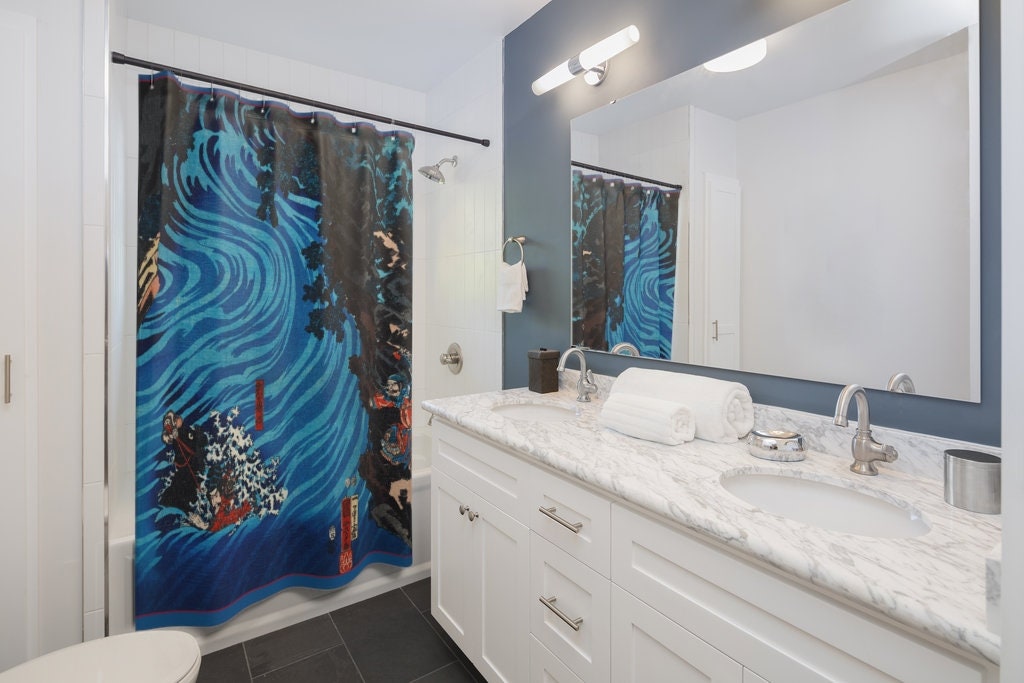 Cottagecore Shower Curtain, Japanese Woodcut, Boho, Blue, Shower Curtain