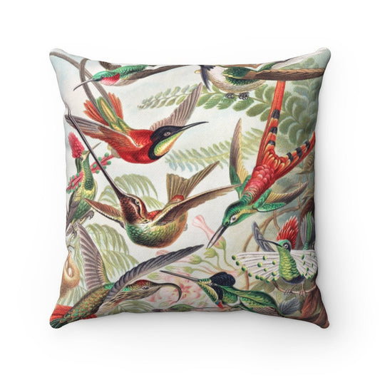 Cottagecore Throw Pillow, Botanical Decor, Hummingbirds, Spun Polyester Square Pillow