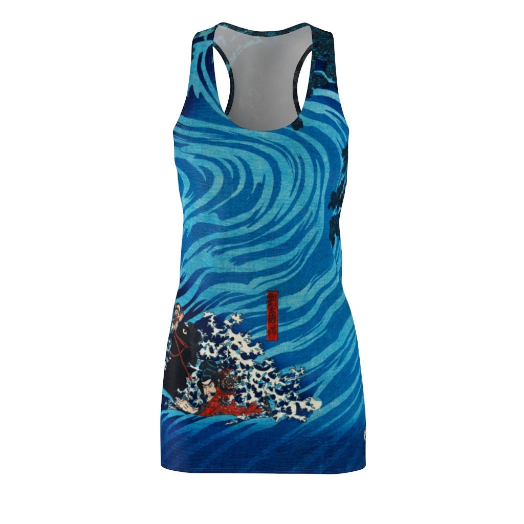 Cottagecore Dress, Boho Sundress, Japanese Woodcut, Blue, Women's Racerback Dress