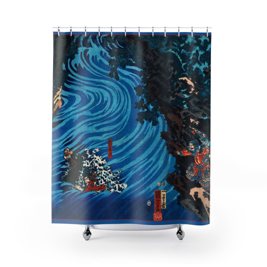 Cottagecore Shower Curtain, Japanese Woodcut, Boho, Blue, Shower Curtain