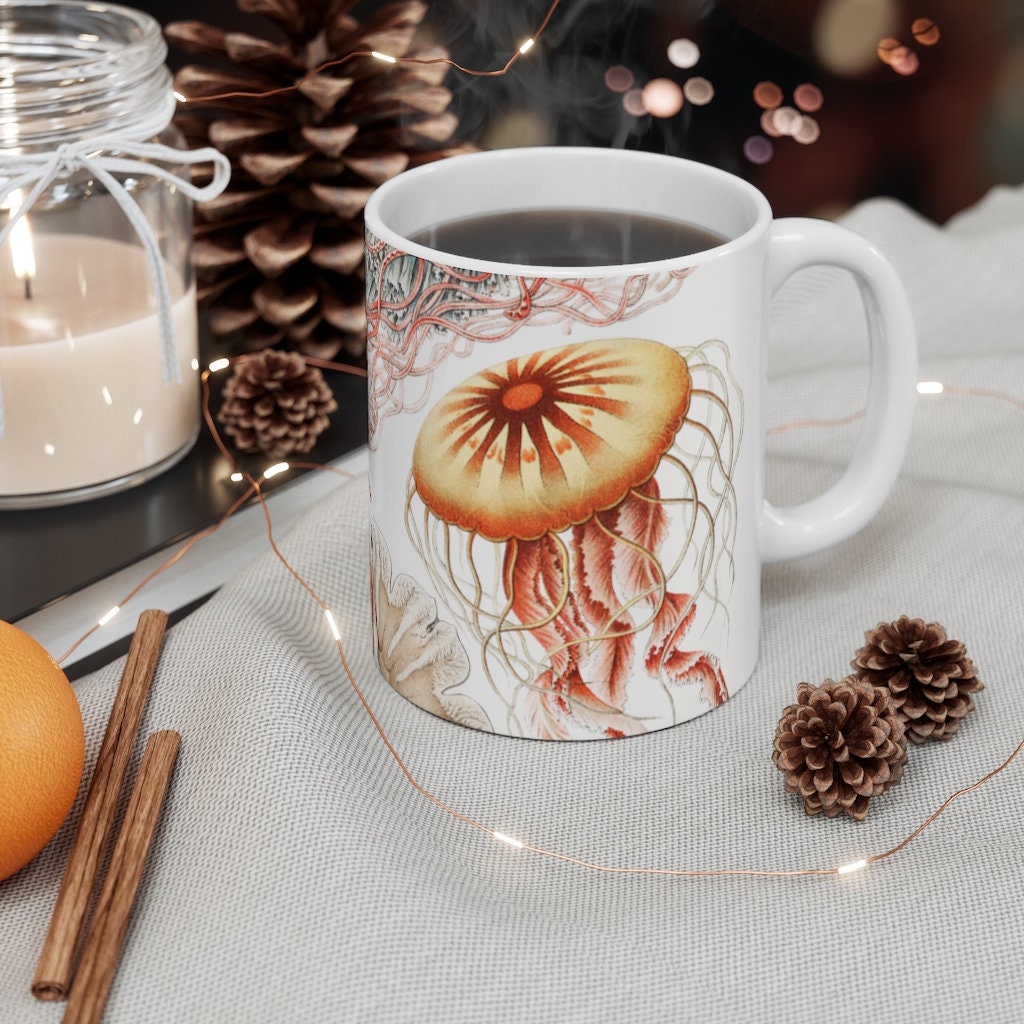 Cottagecore Mug, Botanical, Jellyfish, Boho, 11oz White Mug