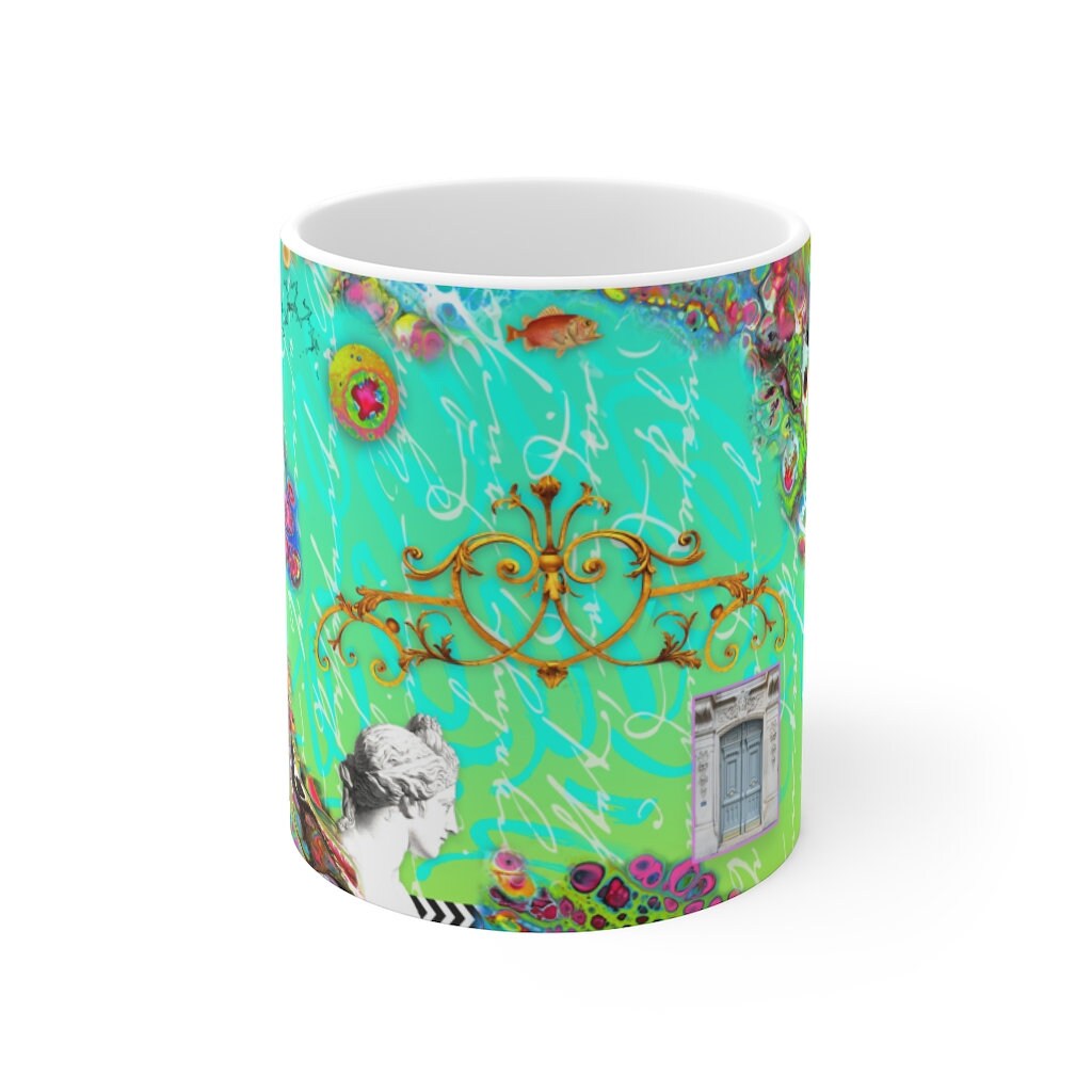 Wild Blue Max, Collage, Cottagecore, Turquoise, Boho, Mug 11oz