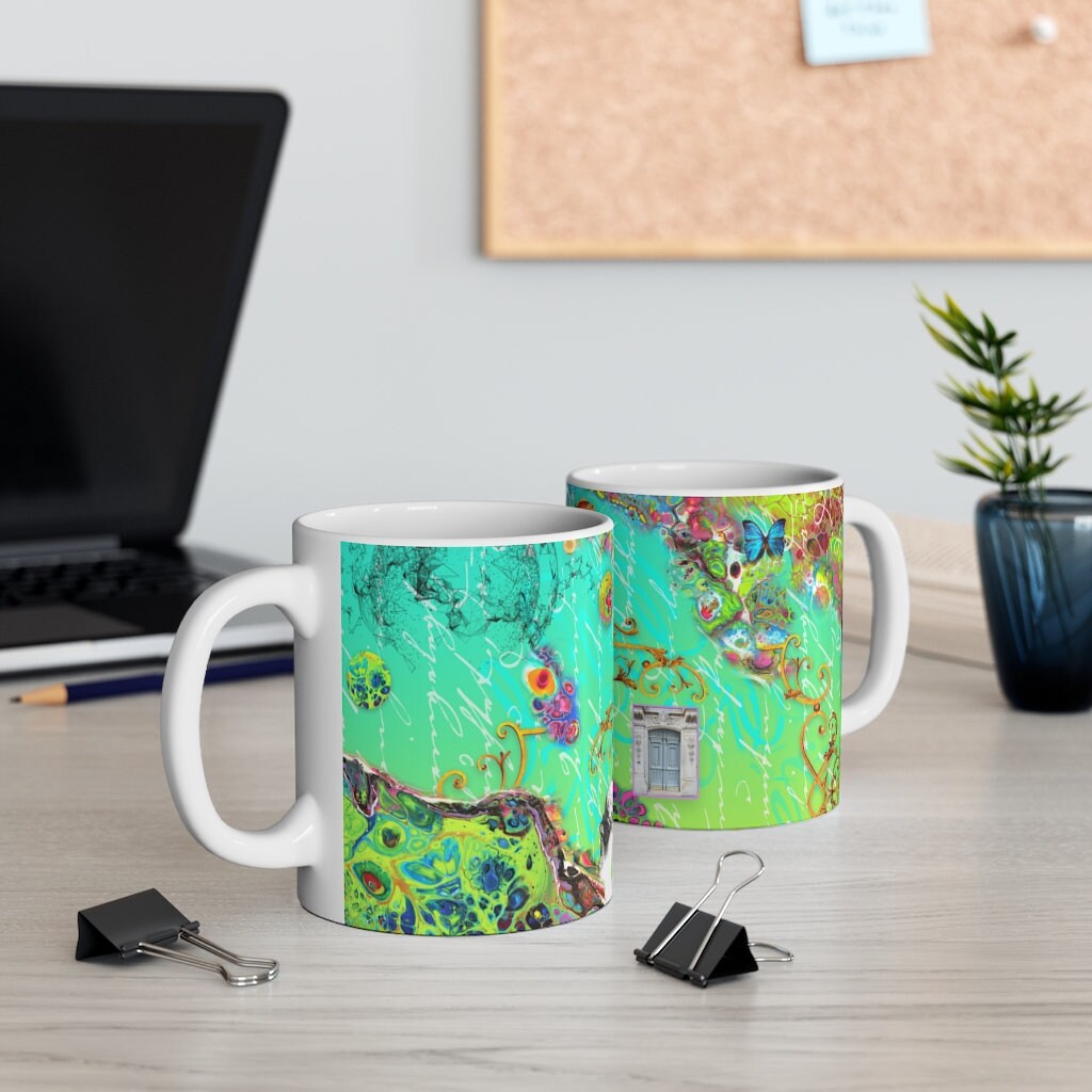 Wild Blue Max, Collage, Cottagecore, Turquoise, Boho, Mug 11oz