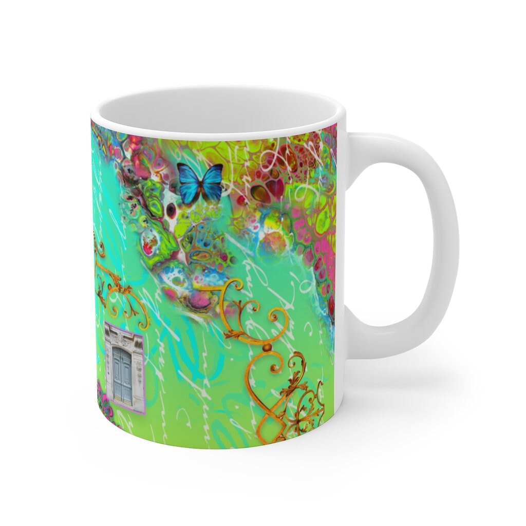 Wild Blue Max, Collage, Cottagecore, Turquoise, Boho, Mug 11oz