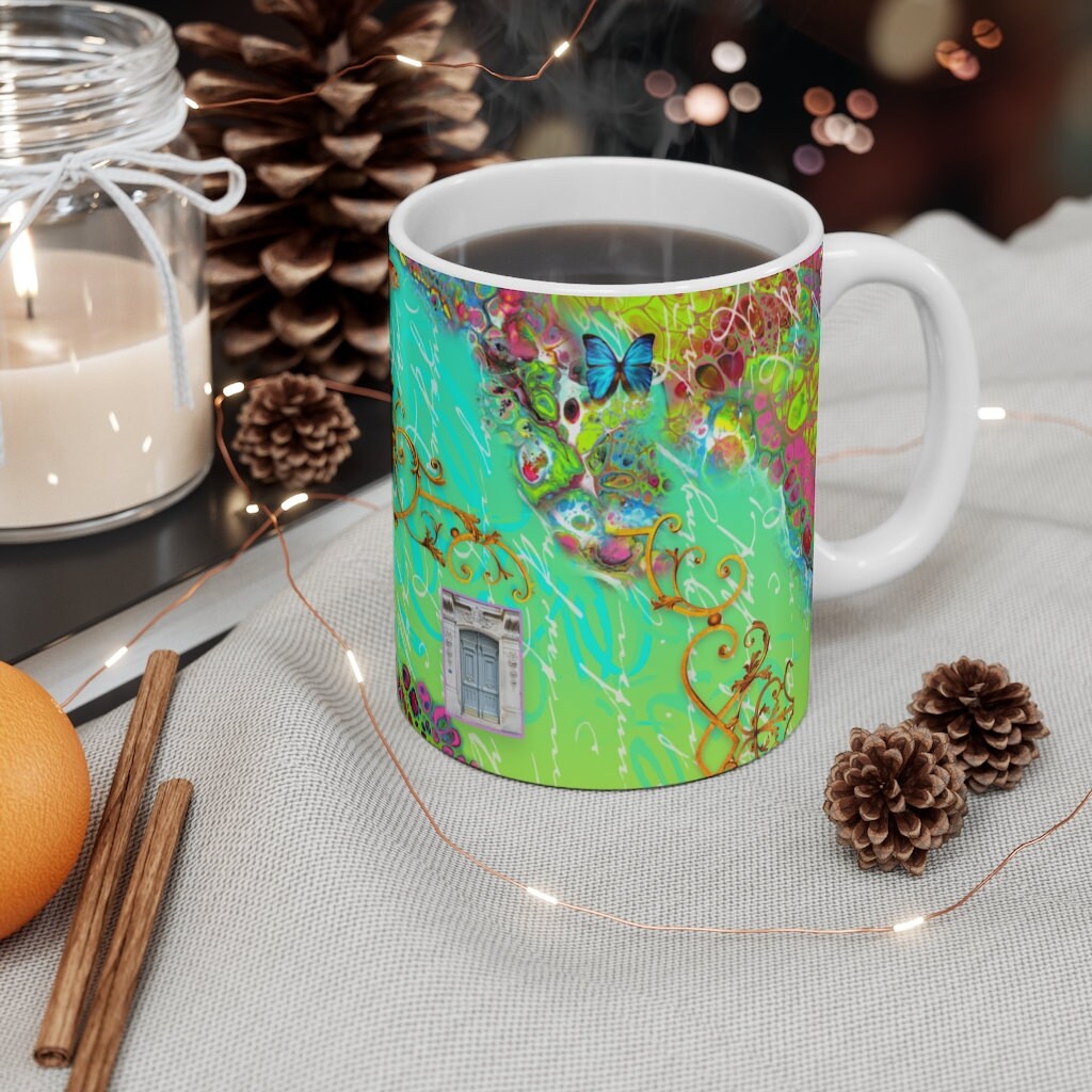 Wild Blue Max, Collage, Cottagecore, Turquoise, Boho, Mug 11oz