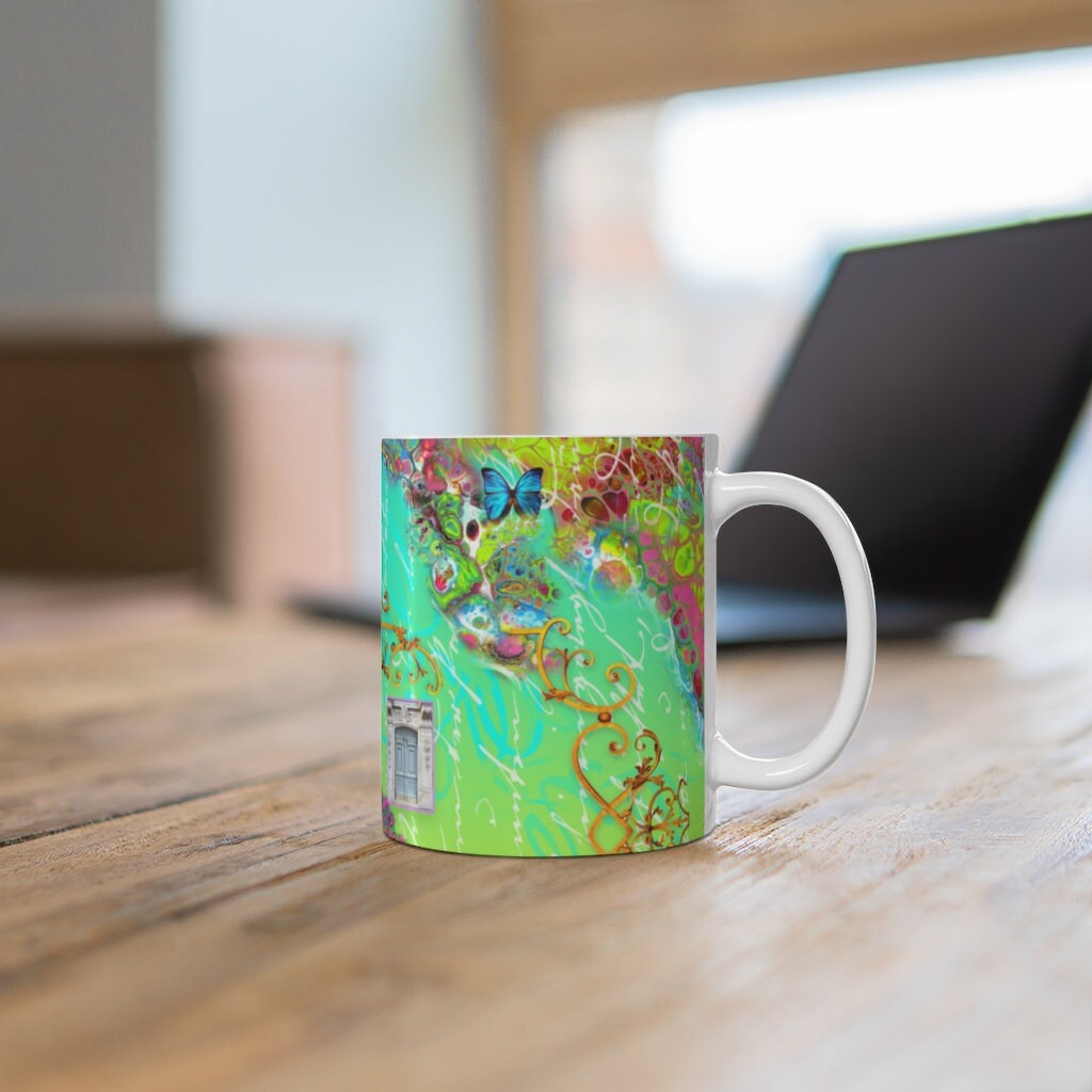 Wild Blue Max, Collage, Cottagecore, Turquoise, Boho, Mug 11oz