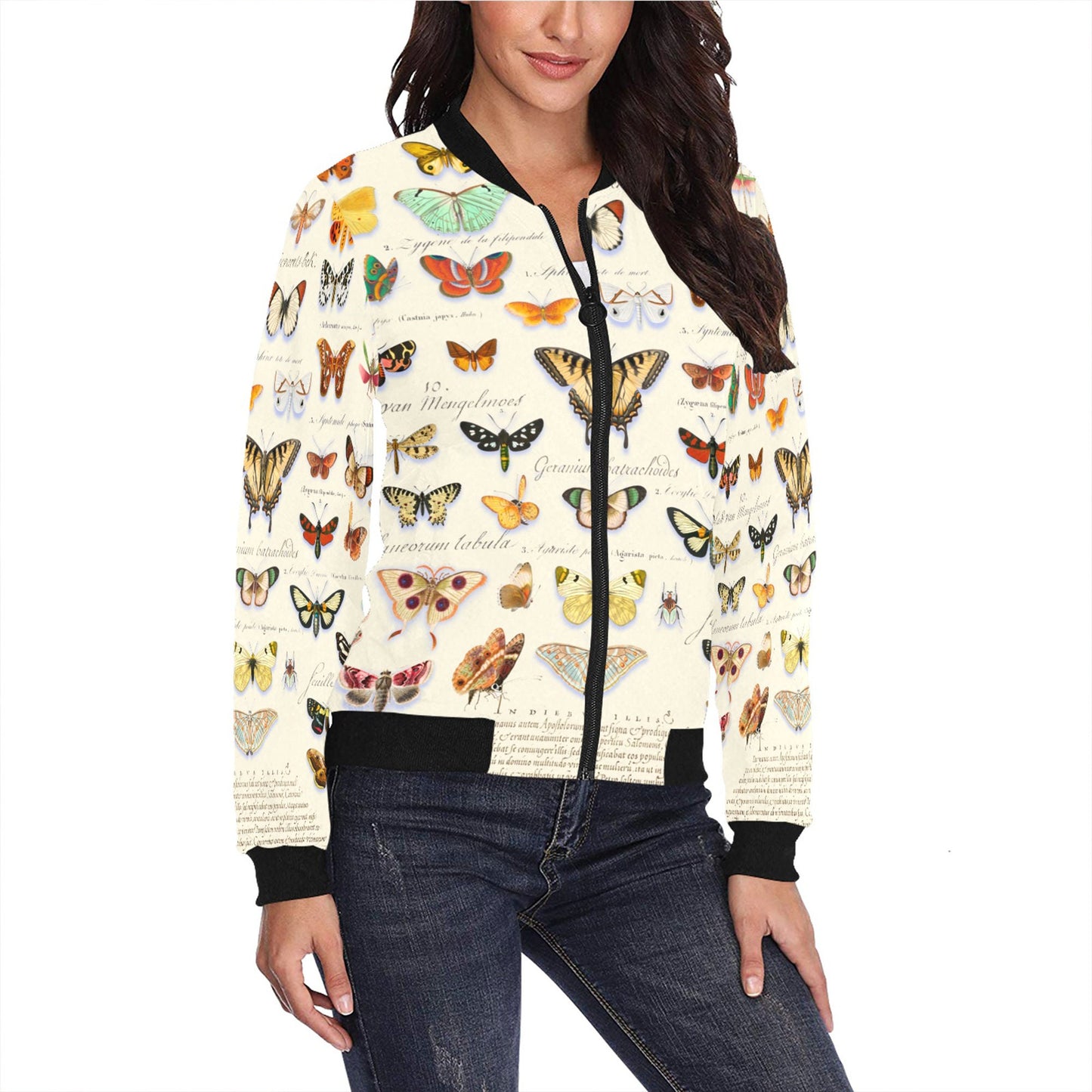 Women's Butterfly Bomber Jacket, Cottagecore, Botanicals, Gift for Her, AOP Jacket