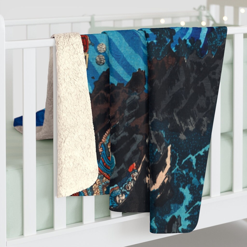 Cottagecore Blanket, Japanese River Woodcut, Boho, Sherpa Fleece Blanket