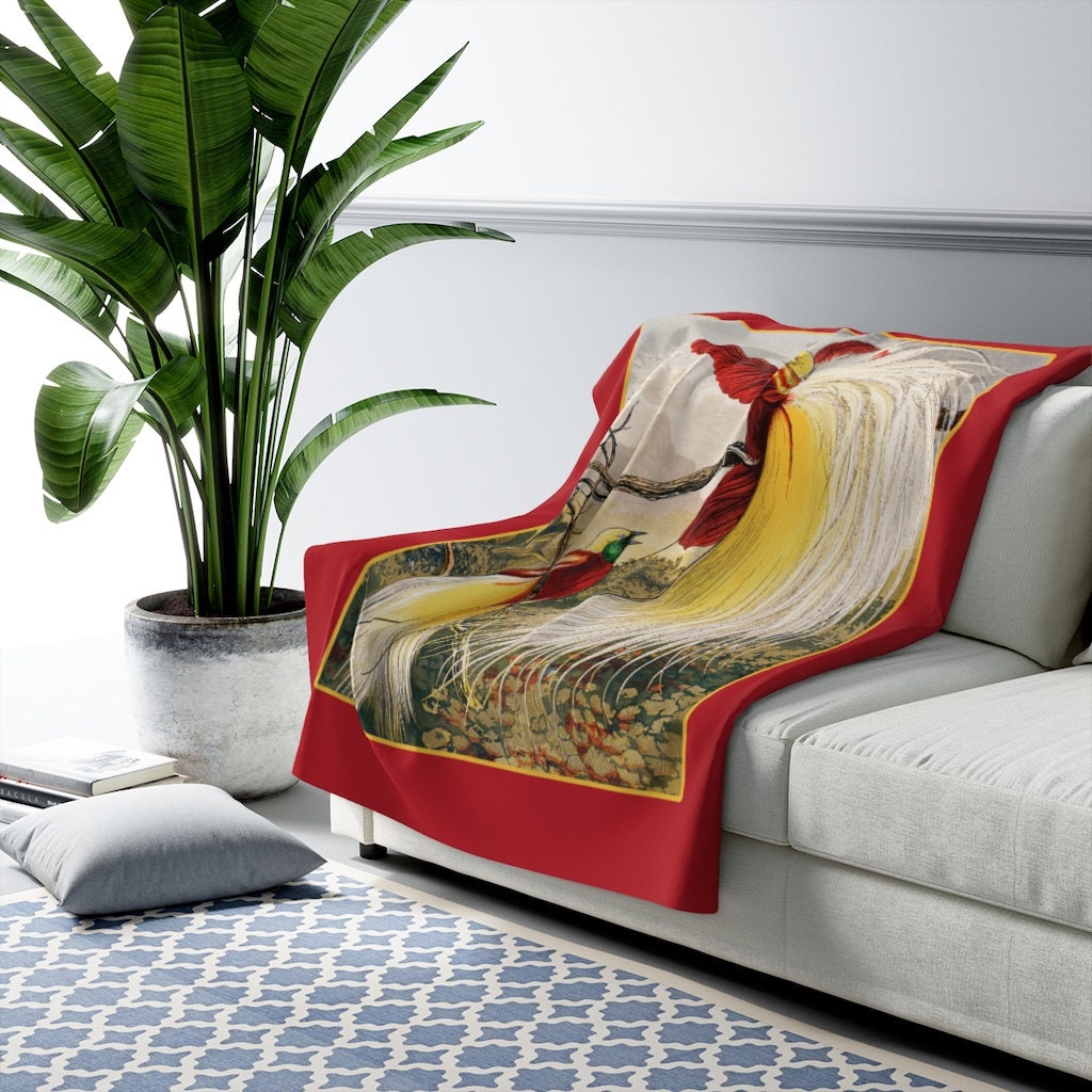 Cottagecore Blanket, Botanicals, Red Birds, Sherpa Fleece Blanket