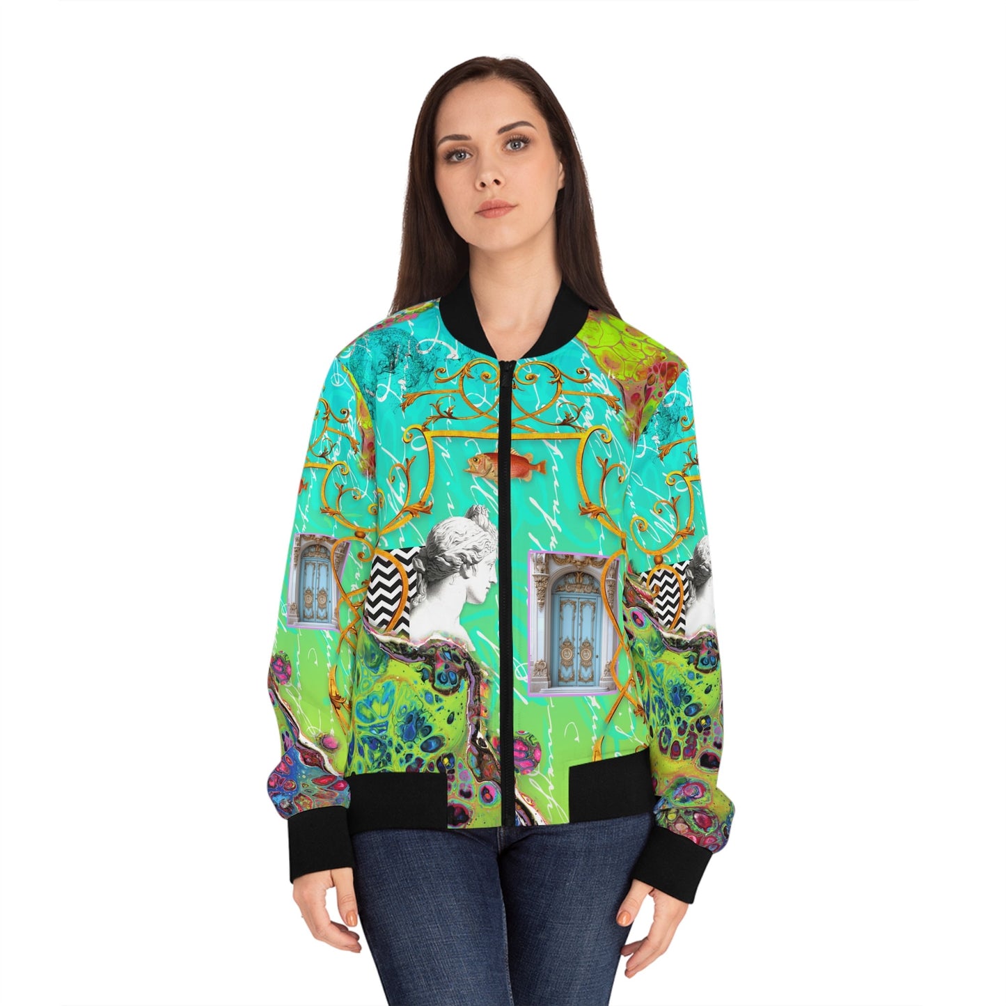 Max Wild Blue Boho Artful Women's Bomber Jacket (AOP)