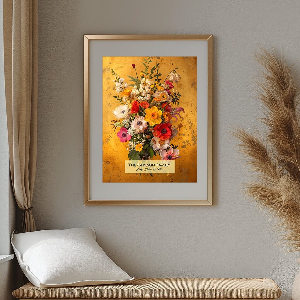Personalized Family Birth Flower Bouquet, Custom Birth Month Flower Art, Gift for Mom, Mother’s Day Gift, Custom Gift, Home Decor Gift