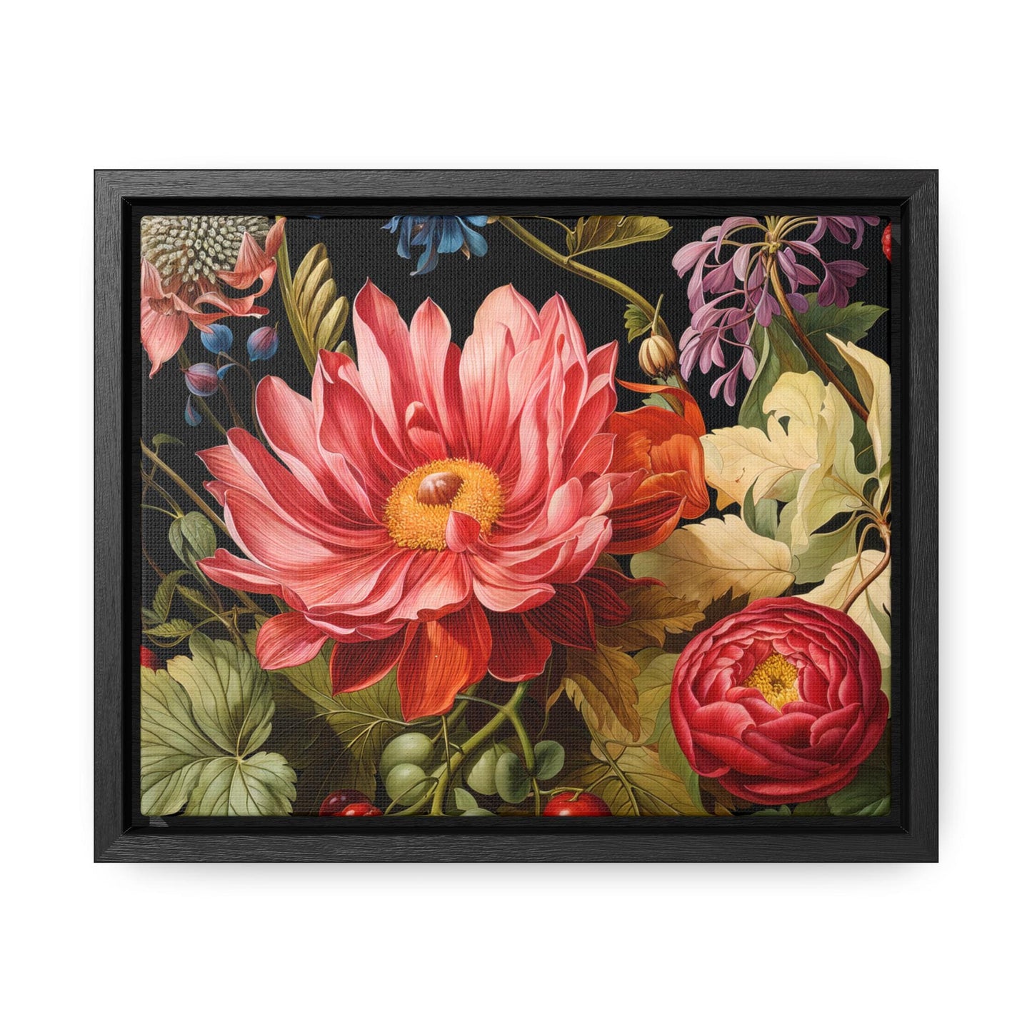 Canvas Wall Art, Exotic Red Blossoms on Black Background with Frame, Stunning Floral Decor, Gallery Wrap Print, Horizontal Frame