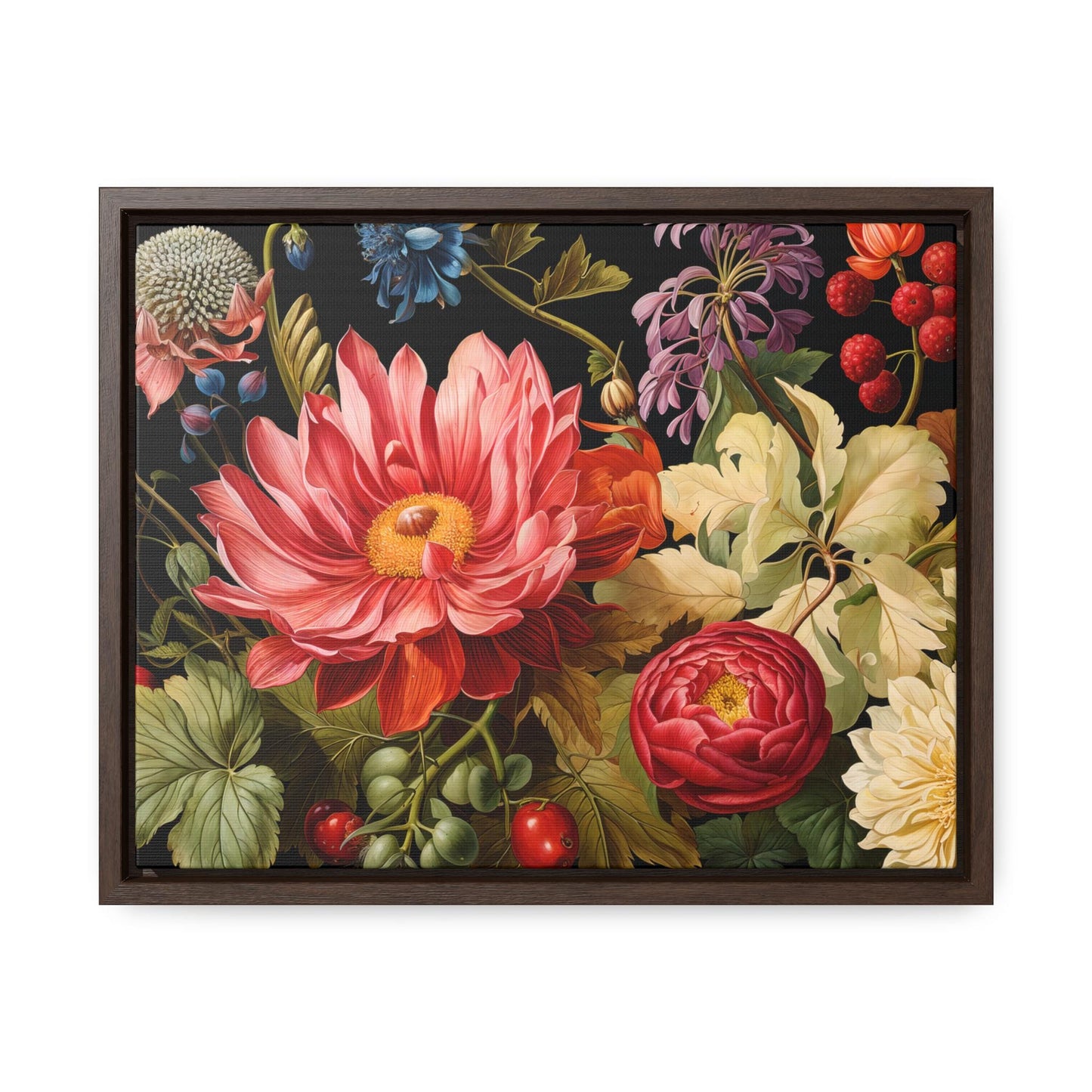 Canvas Wall Art, Exotic Red Blossoms on Black Background with Frame, Stunning Floral Decor, Gallery Wrap Print, Horizontal Frame