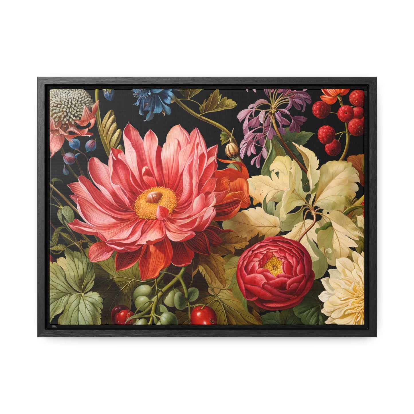Canvas Wall Art, Exotic Red Blossoms on Black Background with Frame, Stunning Floral Decor, Gallery Wrap Print, Horizontal Frame