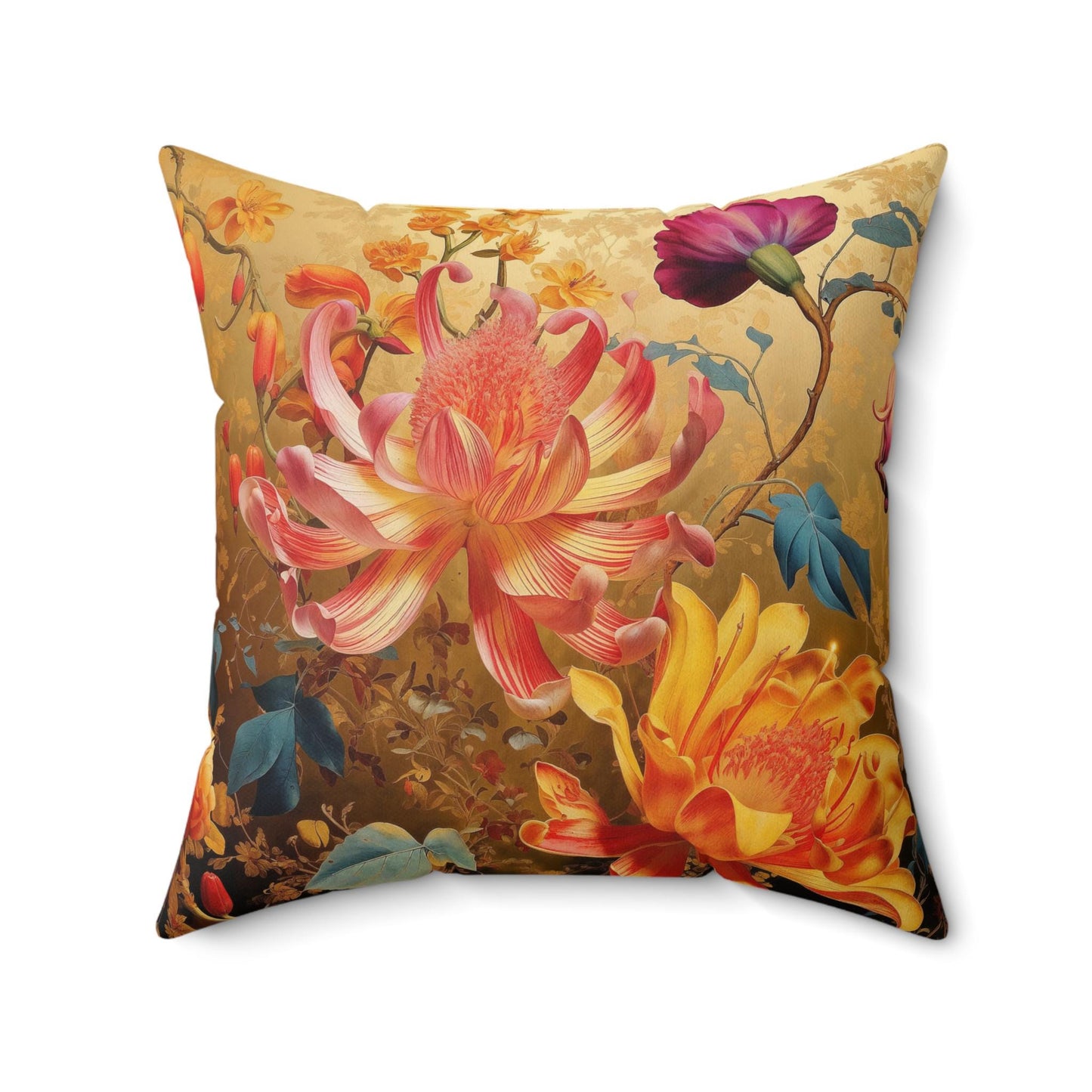 Pillow, Exotic Floral Design, Gold Background, Home Decor Accent, Couch Pillow, Throw Pillow, Living Room Pillow, Bedroom Accessory, Floral