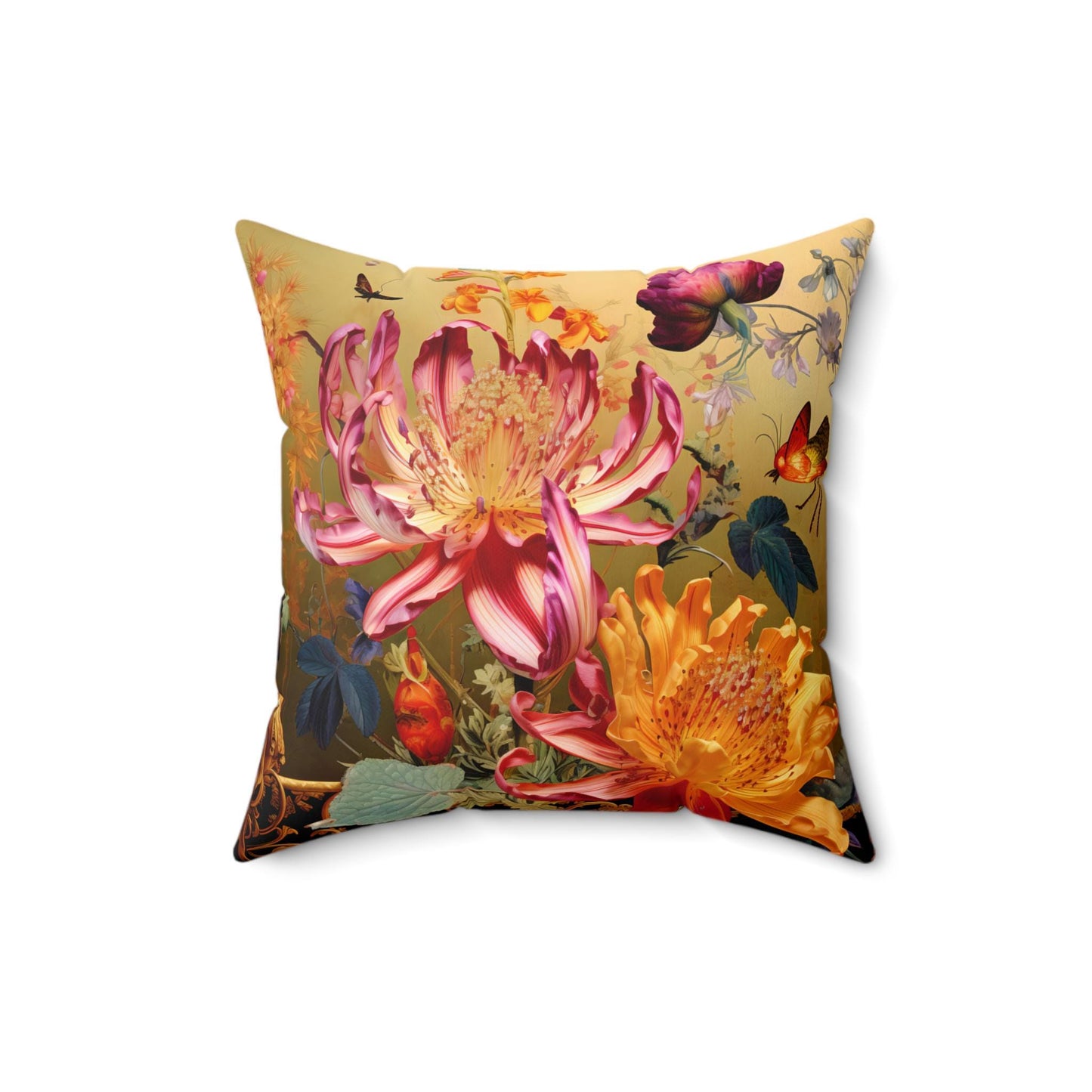 Floral Pillow, Exotic Flowers Decor, Botanical Throw Pillow, Nature Inspired Pillow Cover, Golden Blooms Accent Pillow