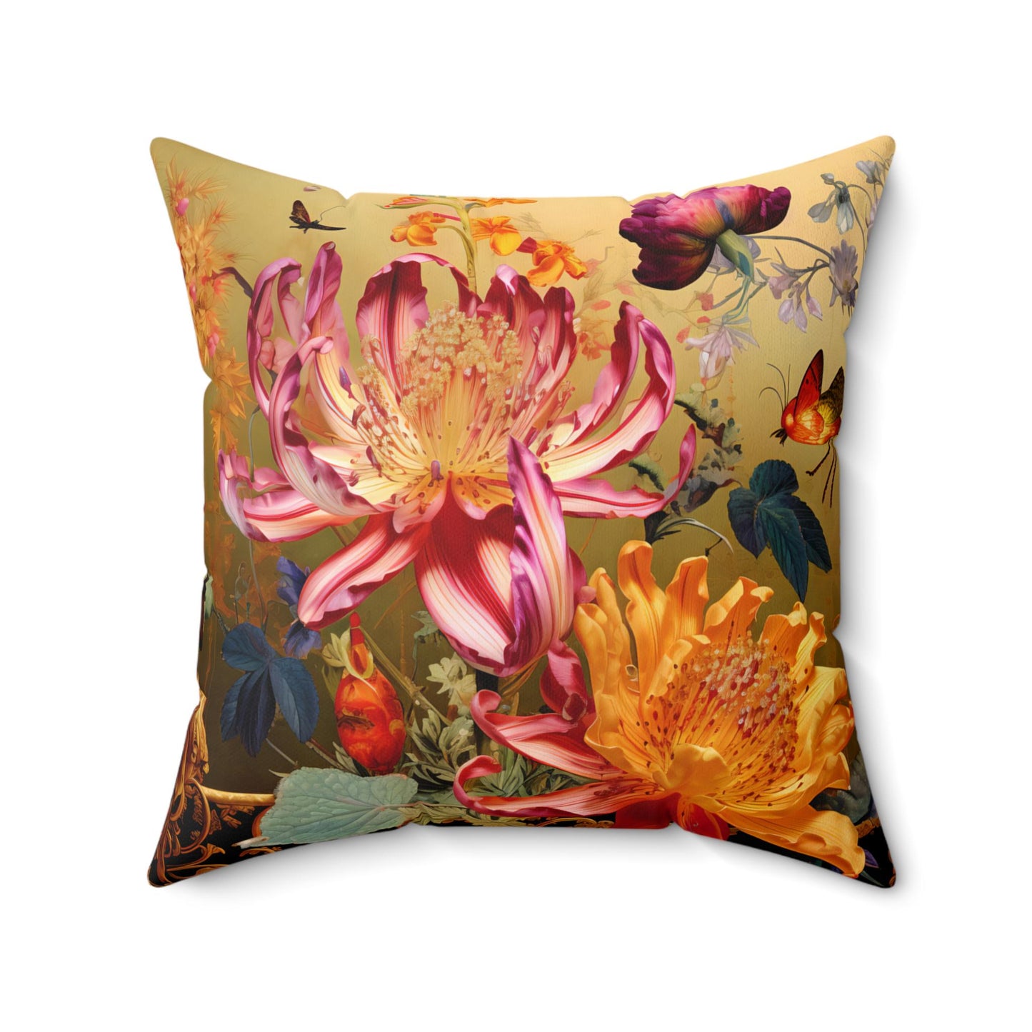 Floral Pillow, Exotic Flowers Decor, Botanical Throw Pillow, Nature Inspired Pillow Cover, Golden Blooms Accent Pillow