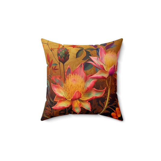 Square Pillow, Quirky Fantasy Flowers, Gold Background, Home Decor Accent, Throw Cushion, Floral Design, Couch Pillow