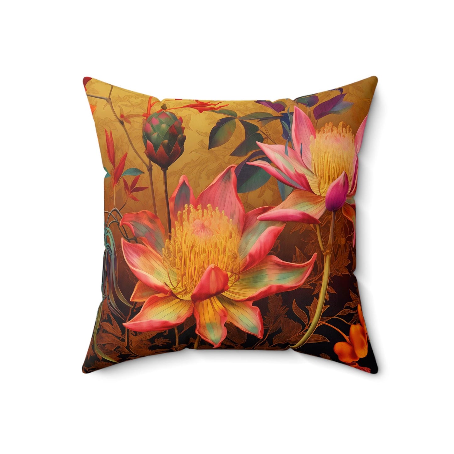 Square Pillow, Quirky Fantasy Flowers, Gold Background, Home Decor Accent, Throw Cushion, Floral Design, Couch Pillow