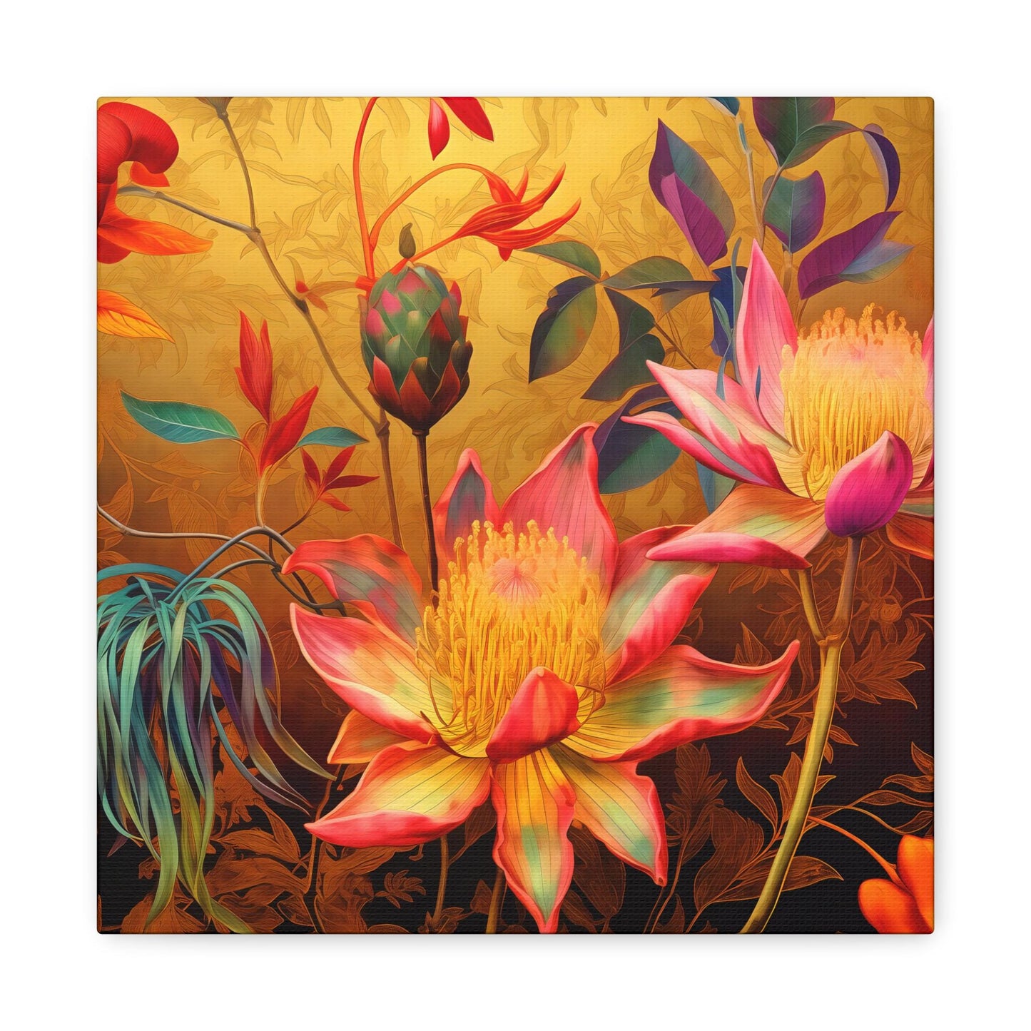 Canvas Print, Exotic Whimsical Blossoms on Gold Wall Art, Lush Detailed Fantasy Style, Eccentric Decor, Stretched Matte Artwork, 1 25"