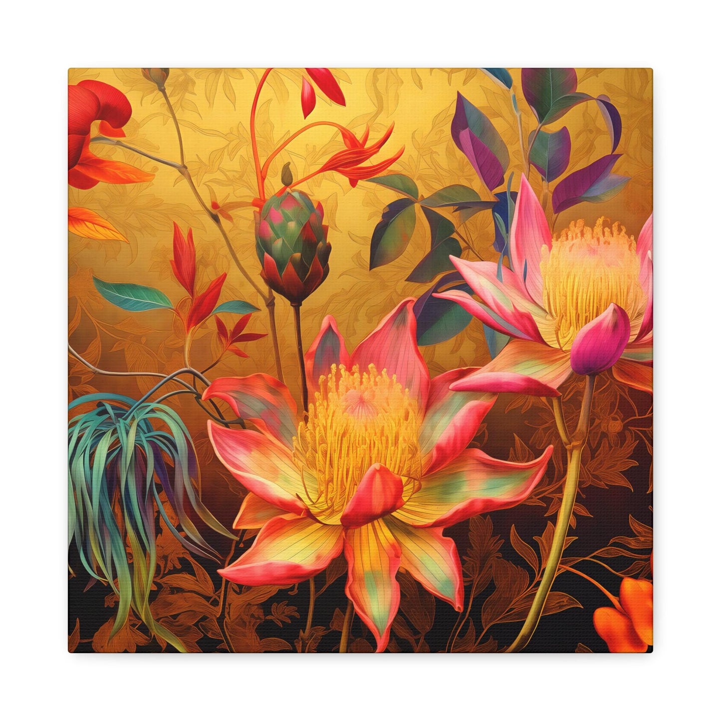 Canvas Print, Exotic Whimsical Blossoms on Gold Wall Art, Lush Detailed Fantasy Style, Eccentric Decor, Stretched Matte Artwork, 1 25"