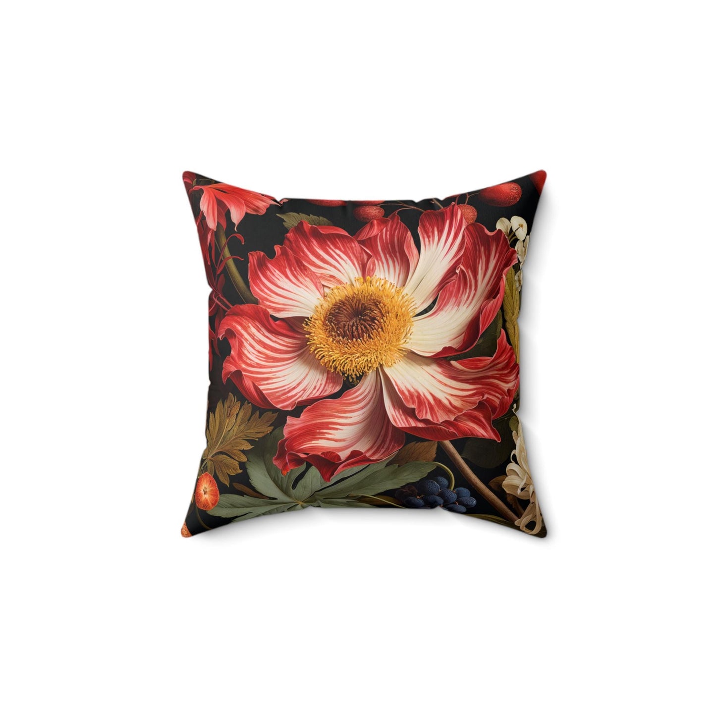 Floral Square Pillow, Red White Blossoms Black Background, Throw Cushion, Home Decor, Living Room Accent, Flower Print Pillow