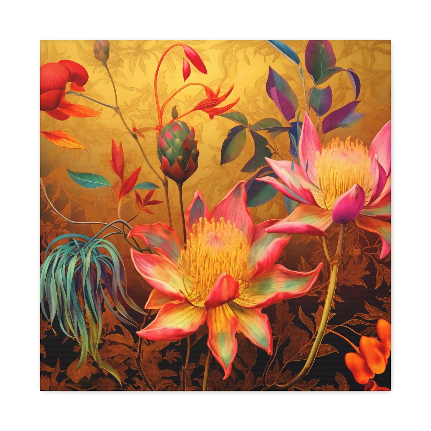 Canvas Print, Exotic Whimsical Blossoms on Gold Wall Art, Lush Detailed Fantasy Style, Eccentric Decor, Stretched Matte Artwork, 1 25"