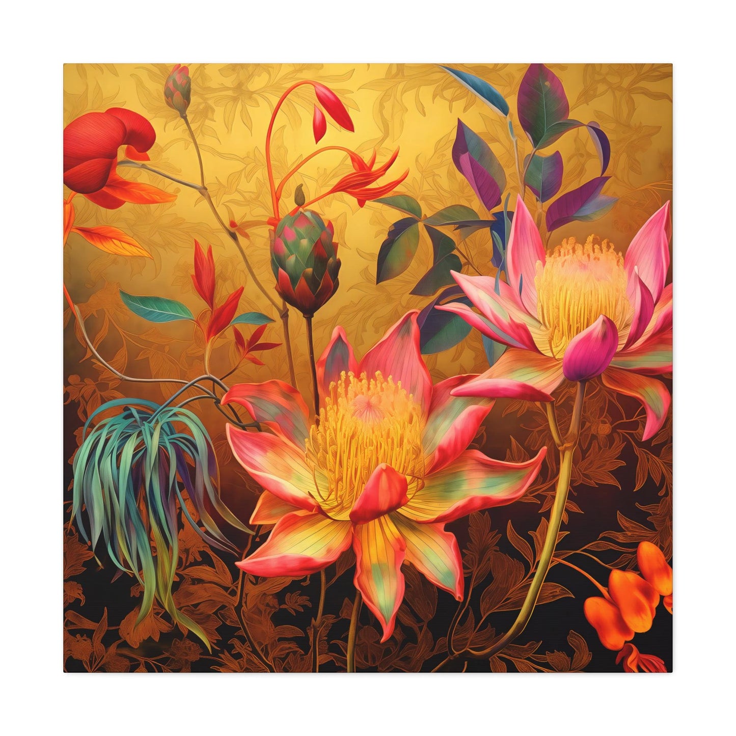 Canvas Print, Exotic Whimsical Blossoms on Gold Wall Art, Lush Detailed Fantasy Style, Eccentric Decor, Stretched Matte Artwork, 1 25"